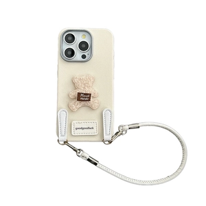 Plush teddy bear phone case for iPhone 16 Pro Max with cross-body leather strap