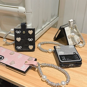 Coque en cuir pour Samsung Galaxy Z Flip avec nœud papillon et chaîne en perles