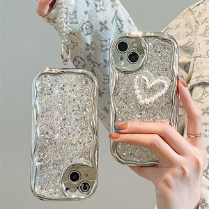 Luxury Silver Electroplated Wave Edge Phone Case Glitter Sequin Artificial Pearl Heart With Rhinestone Wrist Strap Chain Cover