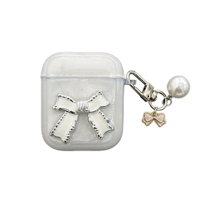 Funda transparente brillante para AirPods con lazo 3D y elegante colgante de perla