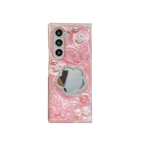 Elegante custodia rosa con specchio a fiore di strass e farfalla per Samsung Z Fold