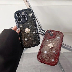 Coque De Téléphone Fleur Camélia Luxe Bord Ondulé TPU Paillettes Strass Künstliche Perle Housse De Protection Pour iPhone