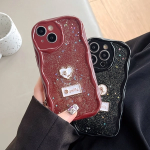Glitter iPhone case with wavy edges featuring heart rose relief and smile plate