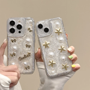 Coque De Téléphone De Luxe Avec Décoration Étoile De Mer Nœud Künstliche Perle Et Strass Texture Nacre Brillante Pour Femmes