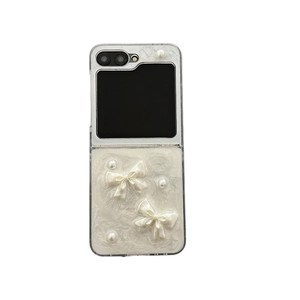 Elegant white flip phone case for Samsung Z Flip series with bowknot and pearl accents