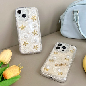 Coque iPhone étoile de mer et perle avec bords en strass et dos nacré crème élégant