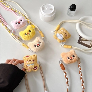 Cute plush bear cell phone lanyard with adjustable crossbody strap and metal hooks