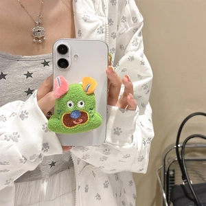 Funny green plush dog phone grip holder with retractable stand for smartphones