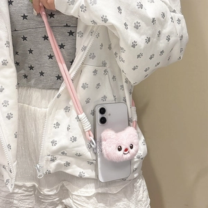 Cute pink plush cat phone case with thick woven adjustable crossbody lanyard strap