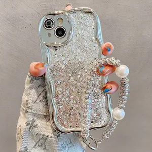 Glitter iPhone case with silver wave edges and a white pearl chain strap for women
