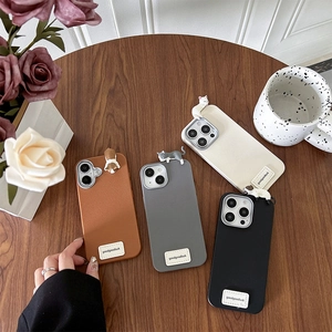 Kawaii Cartoon 3D Cat Ornament Phone Case Faux Leather Lychee Grain Texture TPU Soft Shockproof Back Protective Cover