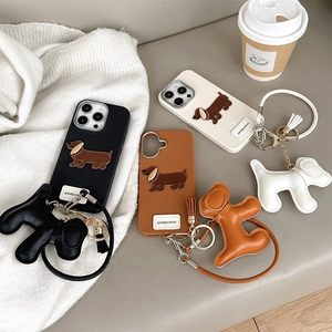 Litchi pattern iPhone case with embroidered dachshund and matching puppy wrist strap
