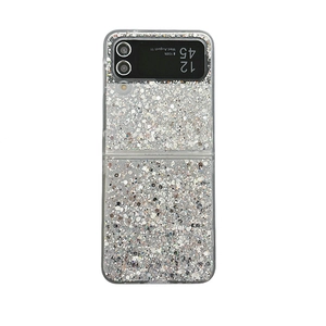 Sparkling silver glitter case for Samsung Galaxy Z Flip 6 featuring transparent fold design