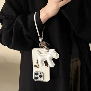 Faux leather iPhone case with puppy pendant and wrist strap in beige for women