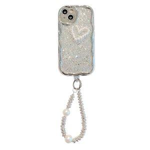Silver glitter wave edge phone case with pearl heart and matching wrist strap for iPhone