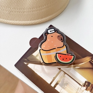 Detail of cute Capybara acrylic phone grip with summer watermelon and hat on a beach scene