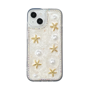 Coque iPhone étoile de mer et perle avec texture mica blanc et bords en strass brillants