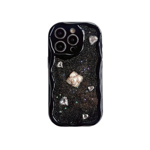 Coque iPhone luxe à paillettes noires avec fleur de camélia et strass brillants