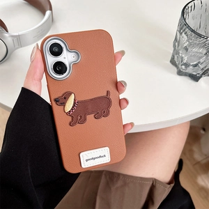 Brown litchi leather iPhone case with embroidered dachshund and silver camera ring