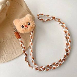 Detail of adjustable woven lanyard with cute plush bear charm and metal hooks