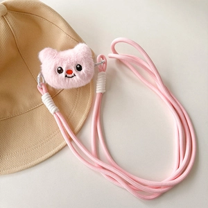 Pink plush cartoon bear pendant with adjustable thick woven crossbody neck strap cord