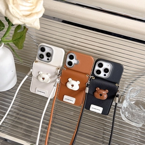 Crossbody iPhone case with cute 3D bear, card slot and adjustable leather strap