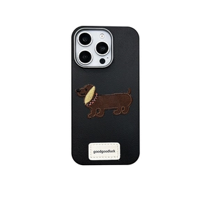 Black leather iPhone case with embroidered dachshund and wrist strap for iPhone 16 Pro Max