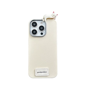 Cute white cat iPhone case with 3D kitten doll and premium faux leather texture