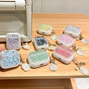Glitter sequins AirPods case with pearl shell pendant shown in eight vibrant colors