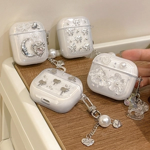Pearlescent AirPods Pro 2 case with 3D star and moon charms and Lovely heart pendants