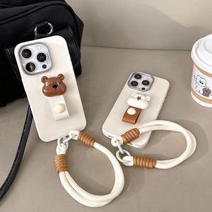 Cute 3D bear iPhone case with matching braided wrist strap lanyard in cream and brown