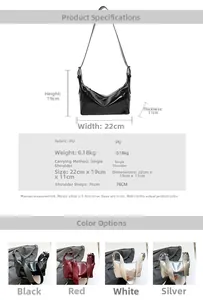 Size guide for large capacity PU leather shoulder bag showing 22x19x11 cm dimensions