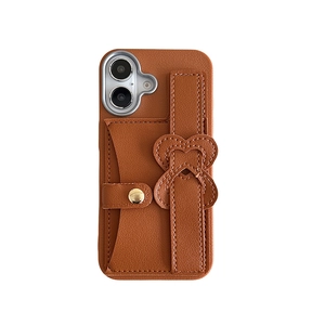 Brown litchi leather iPhone case with card wallet and heart bow wrist strap