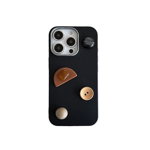 Black leather texture iPhone case with geometric gem buttons and hand strap aesthetic