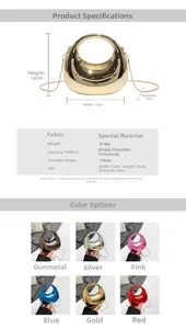 Detailed mirror-finish acrylic crescent evening bag dimensions and metal chain strap