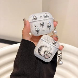 Y2K style glitter AirPods case with 3D silver heart moon charms and pearl pendant