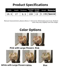 Size guide for pearl handle bucket bag showing dimensions and five embroidery styles