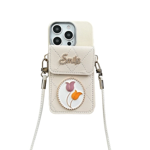 Off-white tulip wallet phone case with crossbody strap and smile diamond decoration
