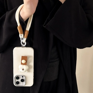 Cream silicone phone case for iPhone with 3D bear doll and braided wrist strap lanyard