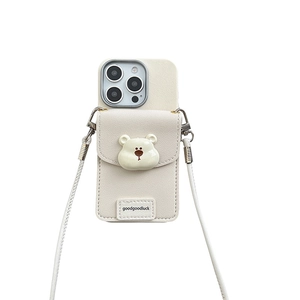 Crossbody iPhone case in beige leather with 3D bear pocket and adjustable strap