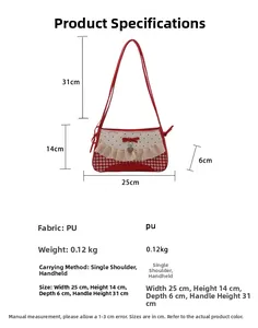 Detailed view of red lace bow shoulder bag with heart polka dots and size dimensions