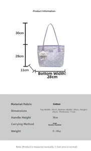 Size chart showing dimensions for the geometric pattern tote bag with purple accents