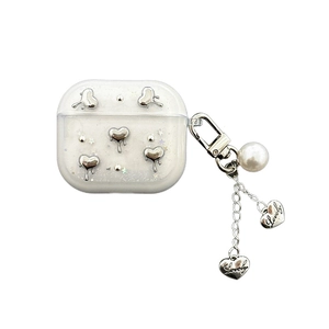 3D silver heart transparent glitter case for AirPods Pro 2 with pearl charm
