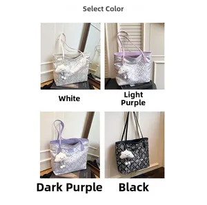 Grid view showing ethnic pattern tote bags in white, black, light purple and dark purple
