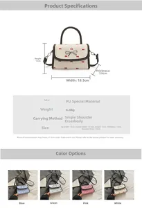 Polka dot bow bag size guide with measurements 18.5x12x7.5cm and color options