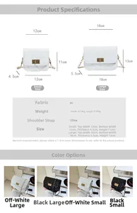 Detailed size chart for quilted chain crossbody bag in small and large dimensions