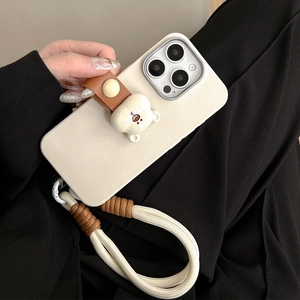 Creamy silicone phone case with a 3D bear, brown leather strap and thick cotton lanyard