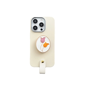 Hülle aus cremefarbenem Leder für iPhone mit Tulpen-Halterung und Umhängegurt-Schlaufe