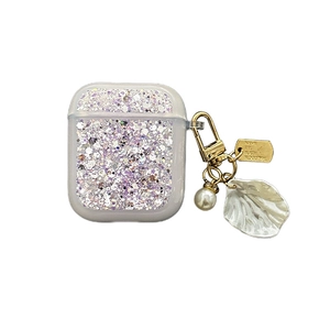 Glittering purple shell AirPods case with silver foil sequins and pearl keychain accessory