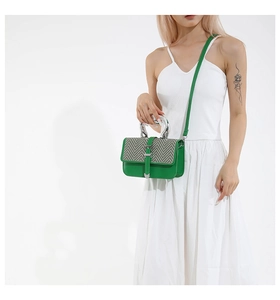 Macro shot of stylish green handbag with houndstooth flap and silver metal handle